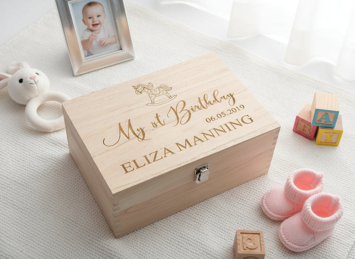 Personalised Large Girl's First Birthday Gift Keepsake Box Engraved Keepsake Memory Box Raised Words