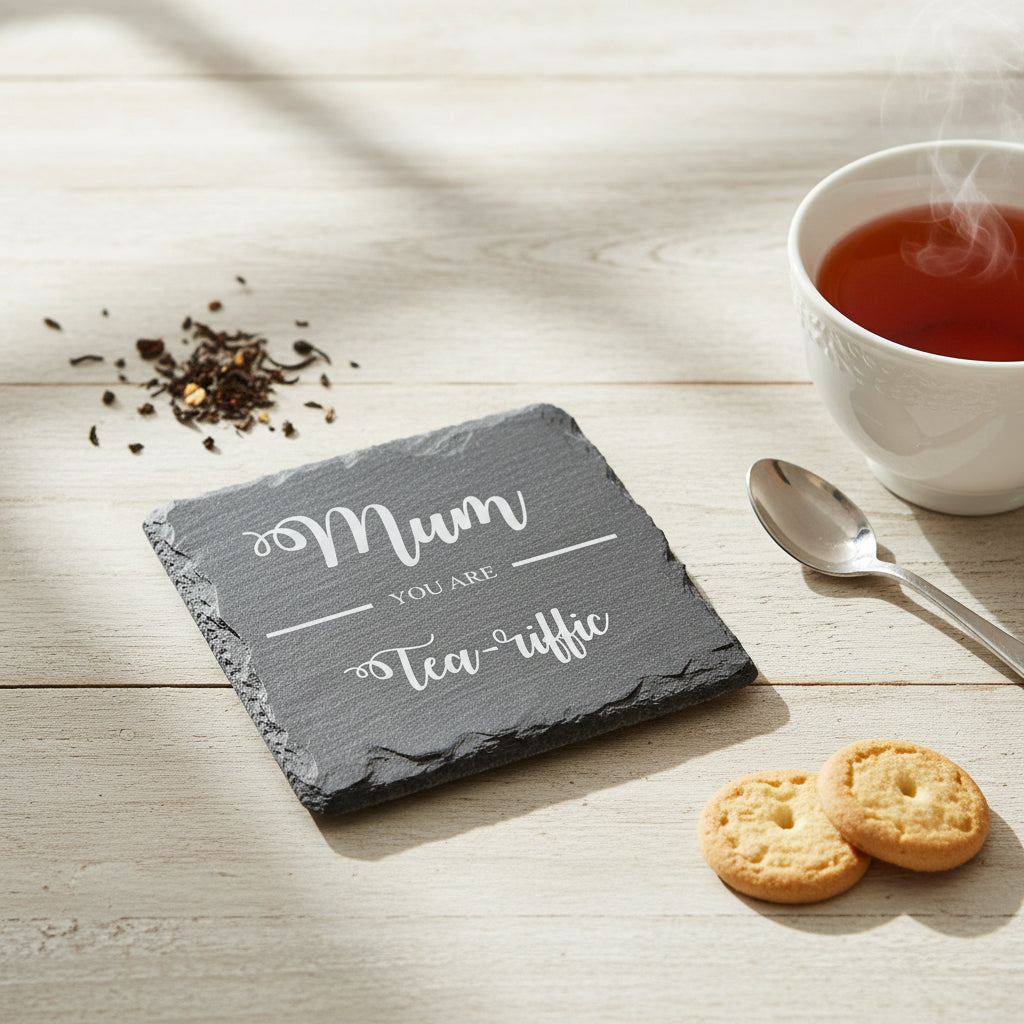 Mum You are 'Tea-riffic' Engraved Slate Coaster Gift for Mothers Day Birthday or Christmas Personalised Slate Marker ukgiftstoreonline