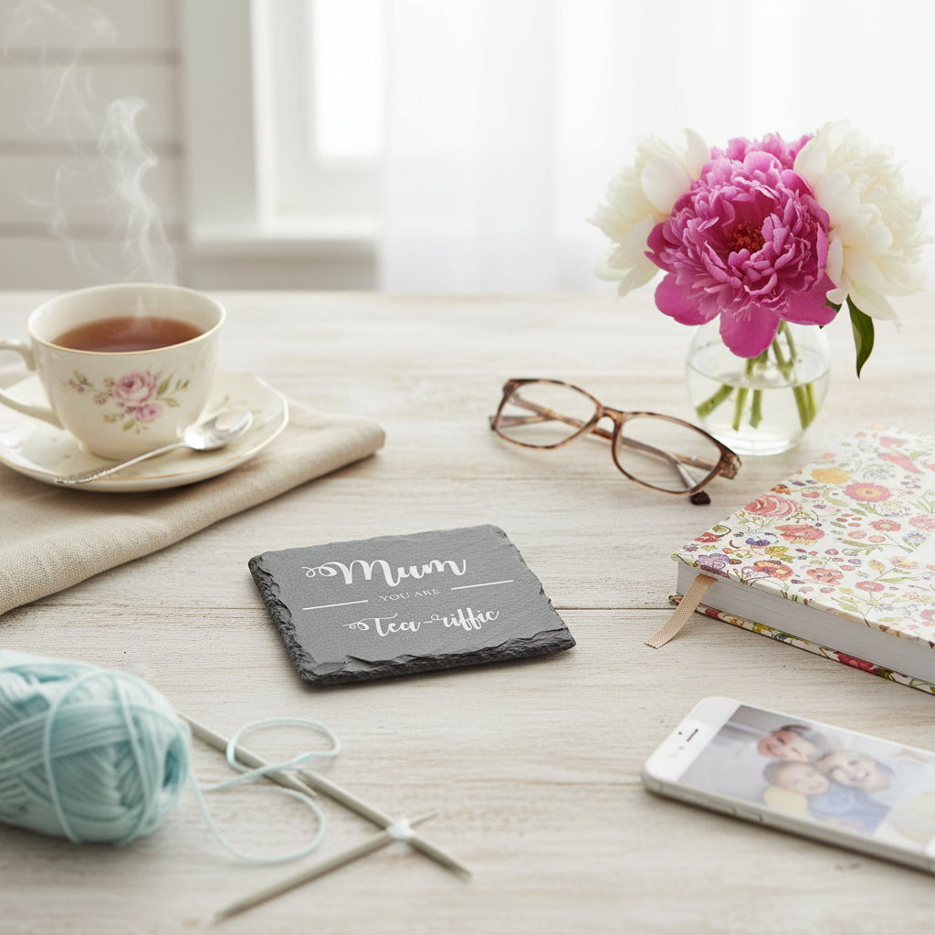Mum You are 'Tea-riffic' Engraved Slate Coaster Gift for Mothers Day Birthday or Christmas Personalised Slate Marker ukgiftstoreonline