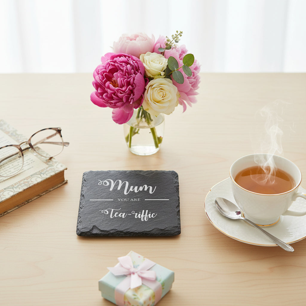 Mum You are 'Tea-riffic' Engraved Slate Coaster Gift for Mothers Day Birthday or Christmas Personalised Slate Marker ukgiftstoreonline