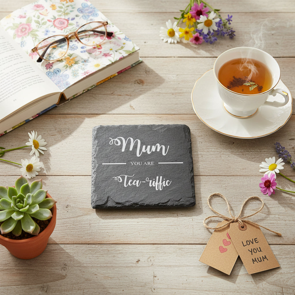 Mum You are 'Tea-riffic' Engraved Slate Coaster Gift for Mothers Day Birthday or Christmas Personalised Slate Marker ukgiftstoreonline
