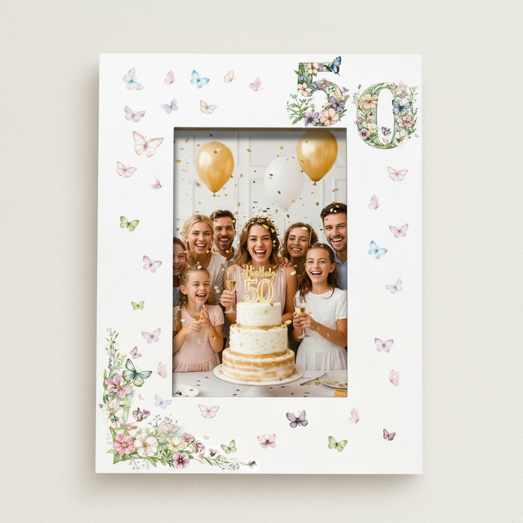 50th Birthday Photo Picture Frame Gift For Her With Butterflies and Flowers Photo Frame ukgiftstoreonline