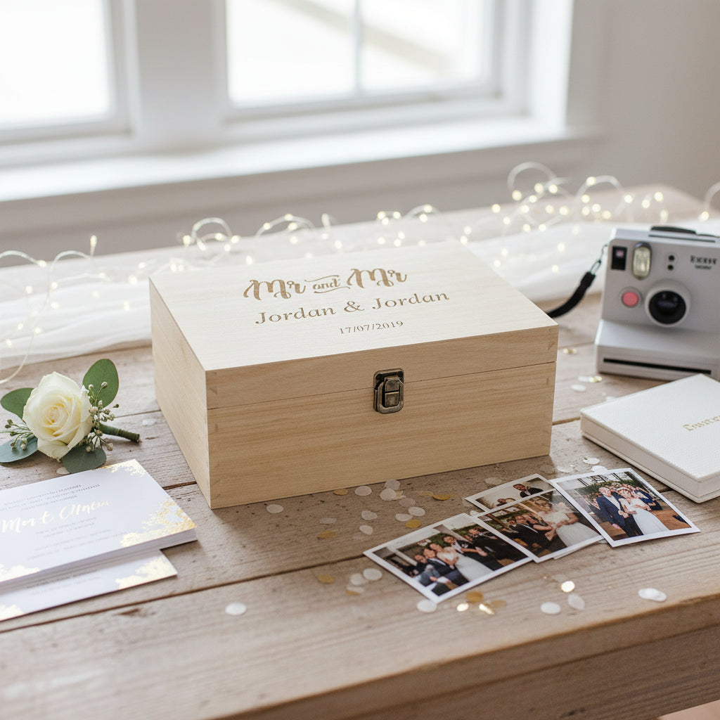 Personalised Mr & Mr Wedding Gift Same Sex Wooden Memories Keepsake Box Keepsake Memory Box uk giftstore online