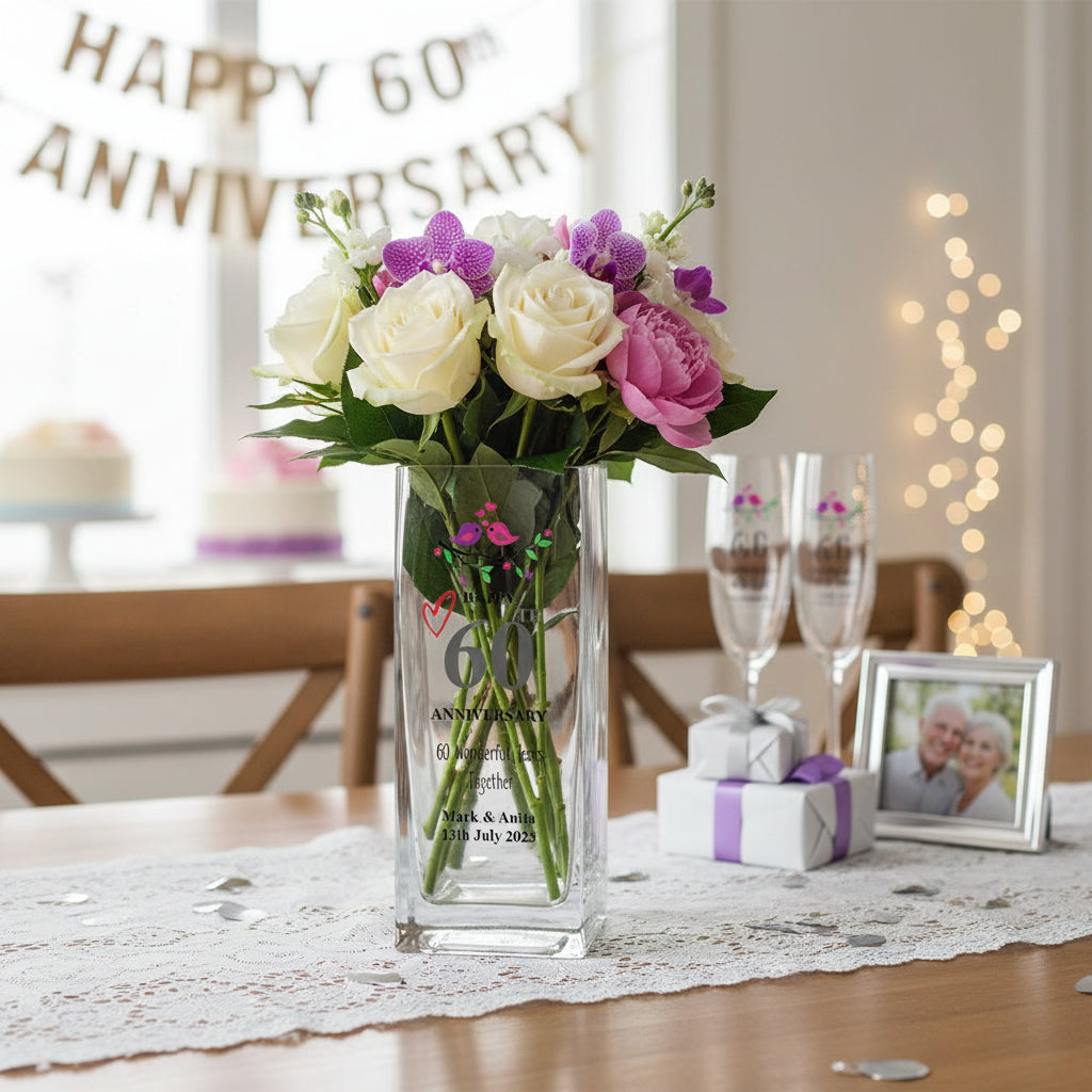Personalised 60th Anniversary Flower Vase Gift For Couple Husband Wife Loving Memory Remembrance ukgiftstoreonline