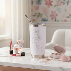 Personalised Engraved Thermal Travel Mug Any Name and Flower Gift With Metal Straw