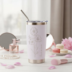 Personalised Engraved Thermal Travel Mug Any Name and Flower Gift With Metal Straw