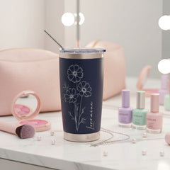 Personalised Engraved Thermal Travel Mug Any Name and Flower Gift With Metal Straw