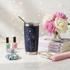 Personalised Engraved Thermal Travel Mug Any Name and Flower Gift With Metal Straw