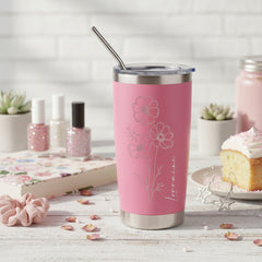 Personalised Engraved Thermal Travel Mug Any Name and Flower Gift With Metal Straw
