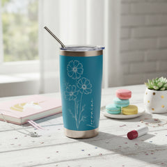 Personalised Engraved Thermal Travel Mug Any Name and Flower Gift With Metal Straw