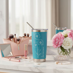 Personalised Engraved Thermal Travel Mug Any Name and Flower Gift With Metal Straw