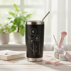 Personalised Engraved Thermal Travel Mug Any Name and Flower Gift With Metal Straw