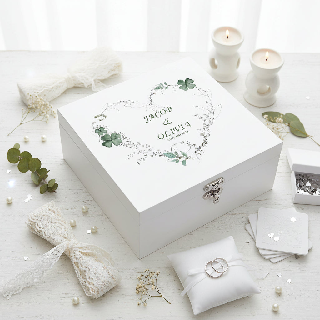 Personalised Luxury Wooden Wedding Box Keepsakes With Green Clover Leaf Heart Keepsake Wooden Box ukgiftstoreonline