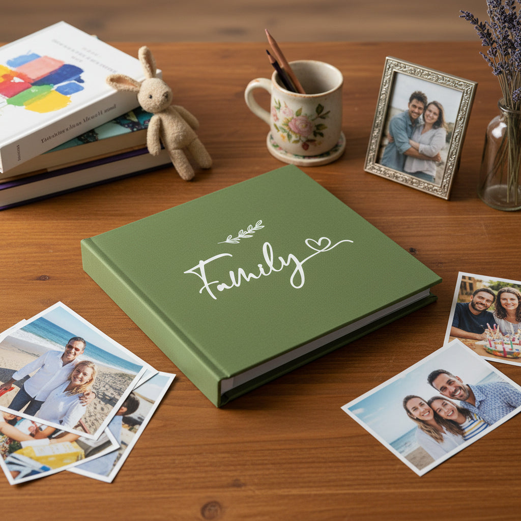 Olive Green Family Photo Album With Leaf Design Holds 50 x 6 by 4 Photos photo album ukgiftstoreonline