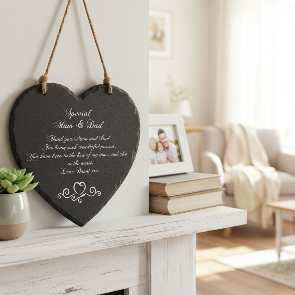 Personalised Mum and Dad Gift Engraved Slate Plaque Heart Symbol Personalised Heart Gifts ukgiftstoreonline