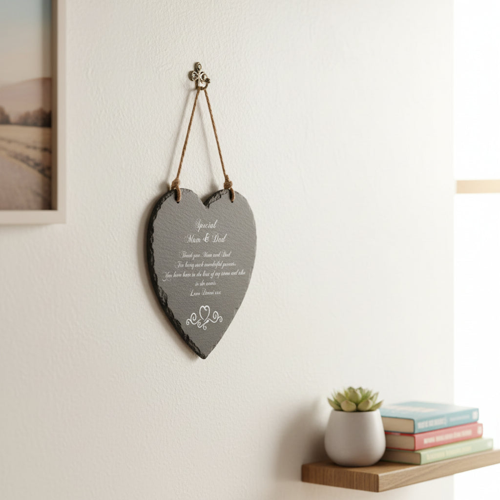 Personalised Mum and Dad Gift Engraved Slate Plaque Heart Symbol Personalised Heart Gifts ukgiftstoreonline