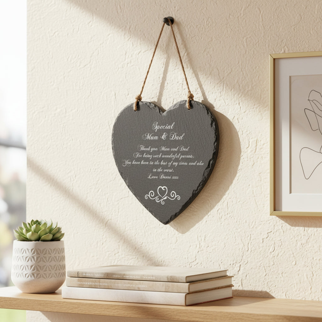 Personalised Mum and Dad Gift Engraved Slate Plaque Heart Symbol Personalised Heart Gifts ukgiftstoreonline