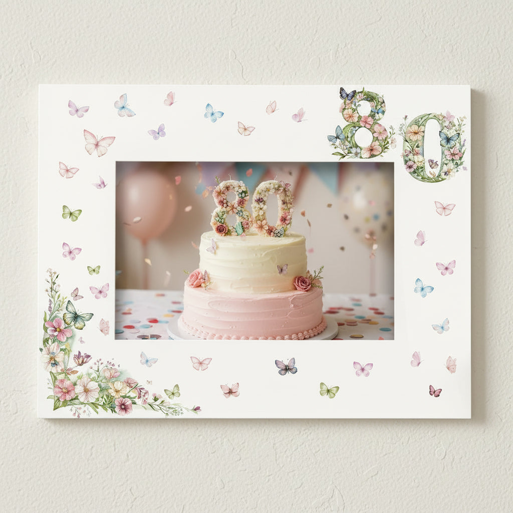 80th Birthday Photo Picture Frame Gift For Her With Butterflies and Flowers Photo Frame ukgiftstoreonline
