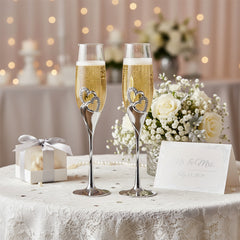 Double Heart Wedding Champagne Flute with Sparkling Crystals Champagne Glasses ukgiftstoreonline