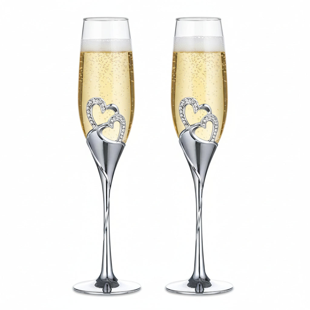 Double Heart Wedding Champagne Flute with Sparkling Crystals Champagne Glasses ukgiftstoreonline