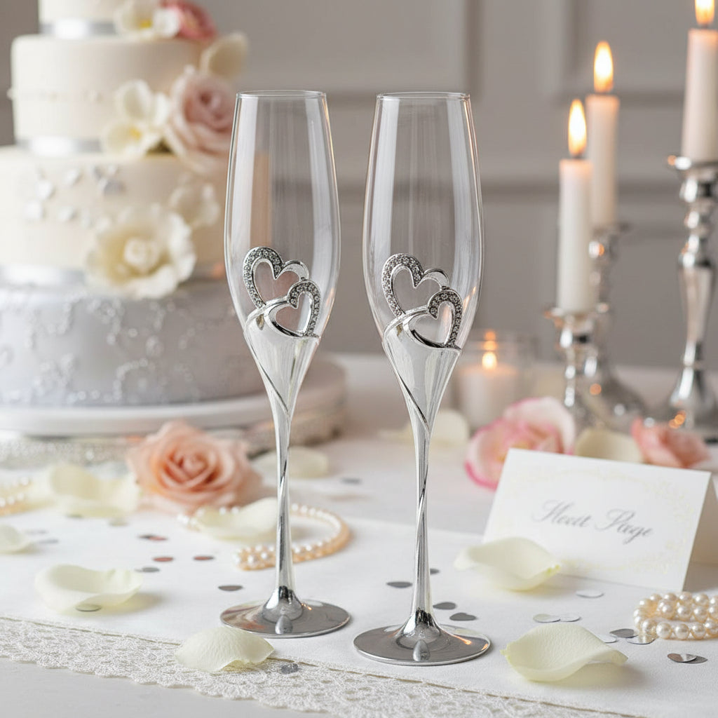 Double Heart Wedding Champagne Flute with Sparkling Crystals Champagne Glasses ukgiftstoreonline