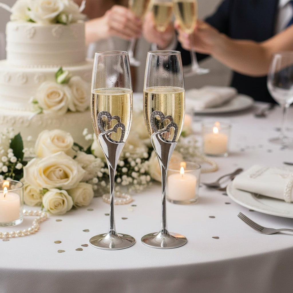Double Heart Wedding Champagne Flute with Sparkling Crystals Champagne Glasses ukgiftstoreonline