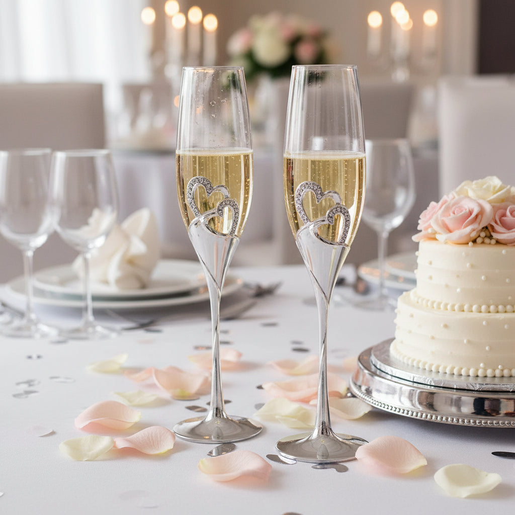 Double Heart Wedding Champagne Flute with Sparkling Crystals Champagne Glasses ukgiftstoreonline