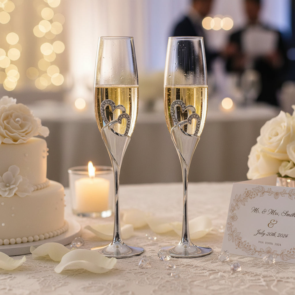 Double Heart Wedding Champagne Flute with Sparkling Crystals Champagne Glasses ukgiftstoreonline