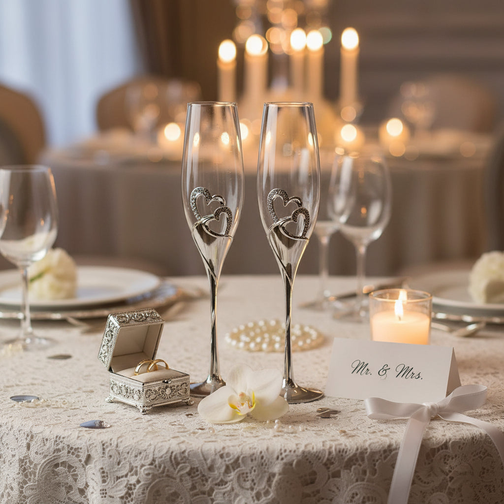 Double Heart Wedding Champagne Flute with Sparkling Crystals Champagne Glasses ukgiftstoreonline
