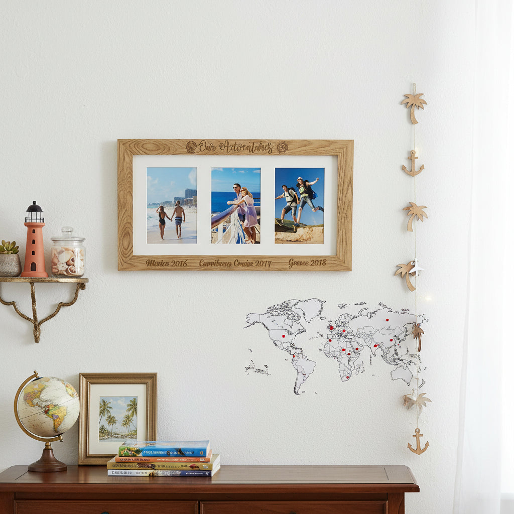 Personalised Adventures Travel Holiday Engraved Wooden Triple picture photo frame Travel Photo Frame ukgiftstoreonline