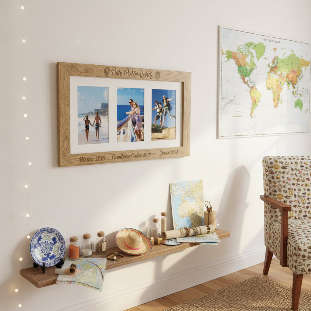 Personalised Adventures Travel Holiday Engraved Wooden Triple picture photo frame Travel Photo Frame ukgiftstoreonline
