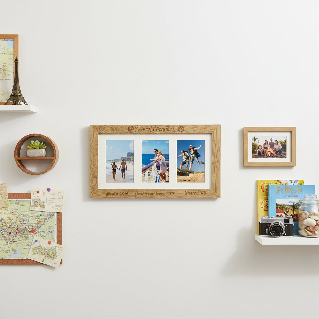 Personalised Adventures Travel Holiday Engraved Wooden Triple picture photo frame Travel Photo Frame ukgiftstoreonline