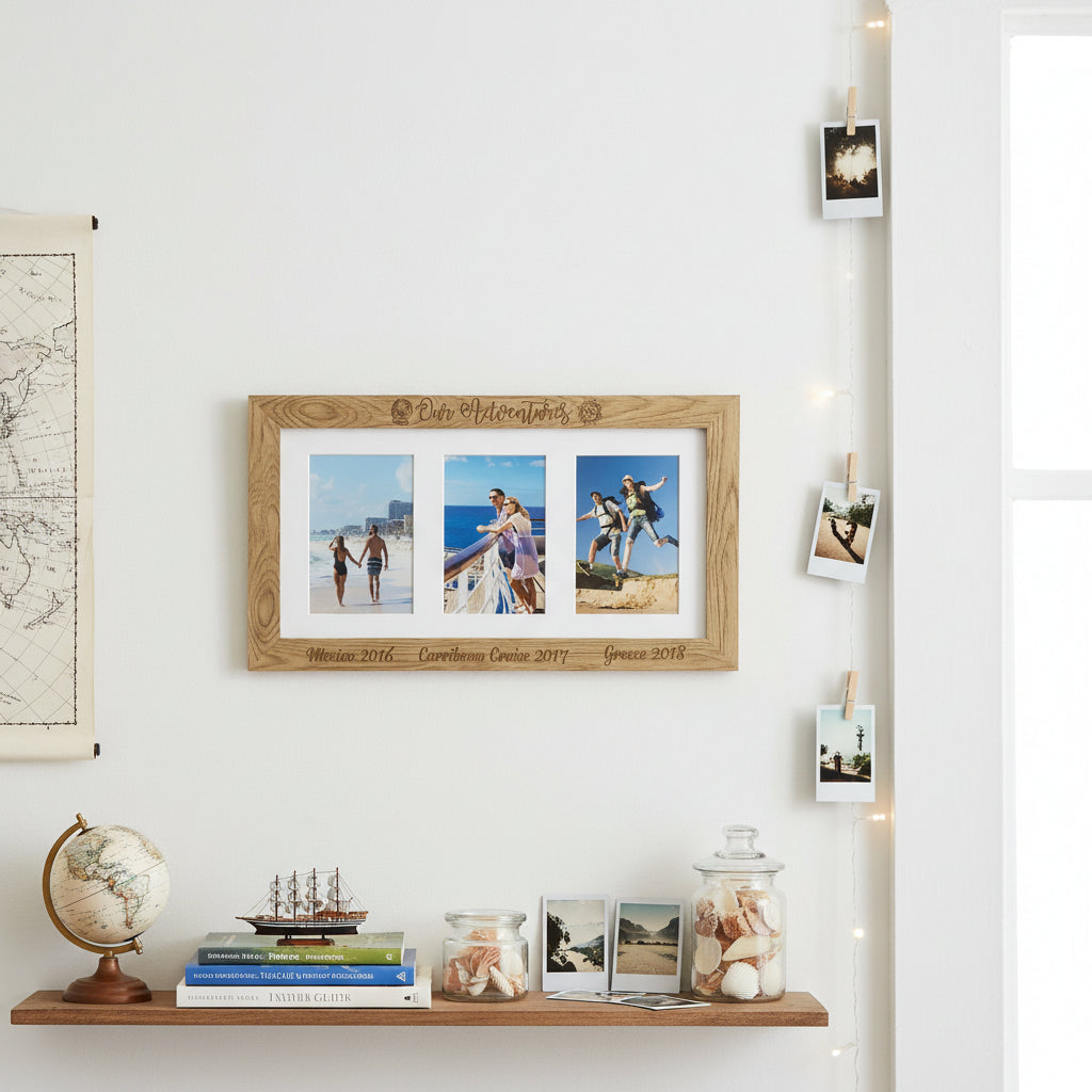 Personalised Adventures Travel Holiday Engraved Wooden Triple picture photo frame Travel Photo Frame ukgiftstoreonline