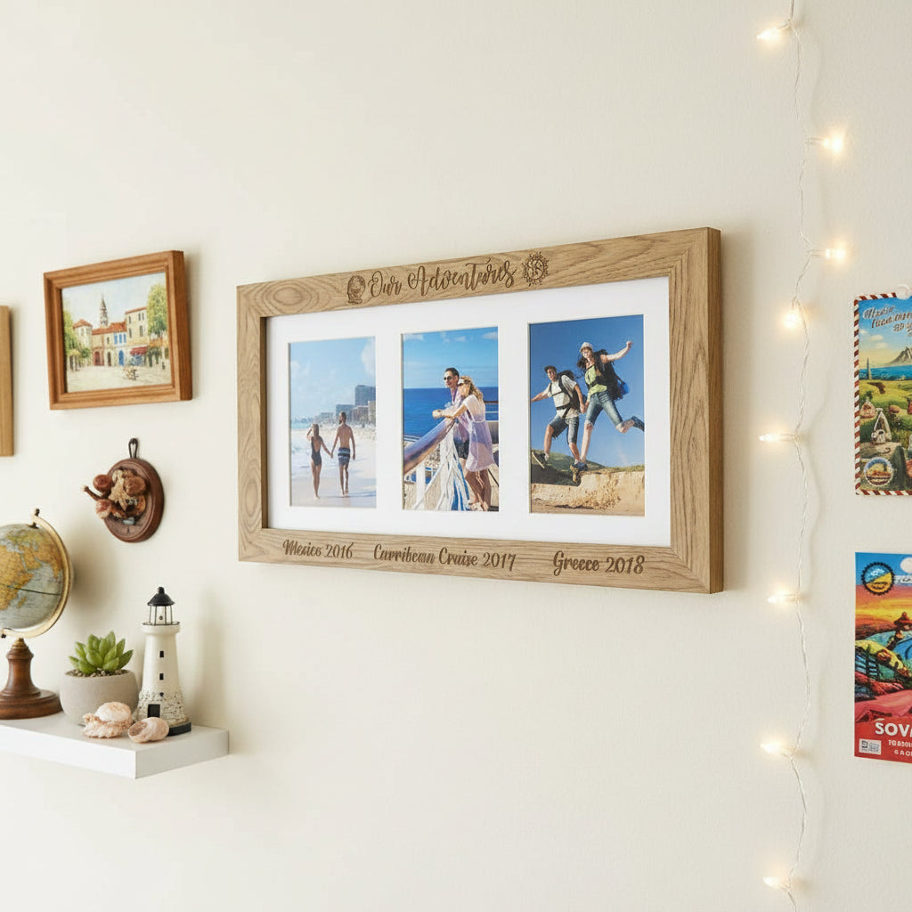 Personalised Adventures Travel Holiday Engraved Wooden Triple picture photo frame Travel Photo Frame ukgiftstoreonline