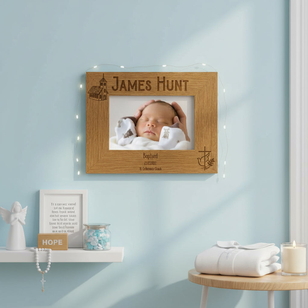 Personalised Baptism Engraved Wooden Photo Frame Gift with Church and Cross Personalised Photo Frame ukgiftstoreonline