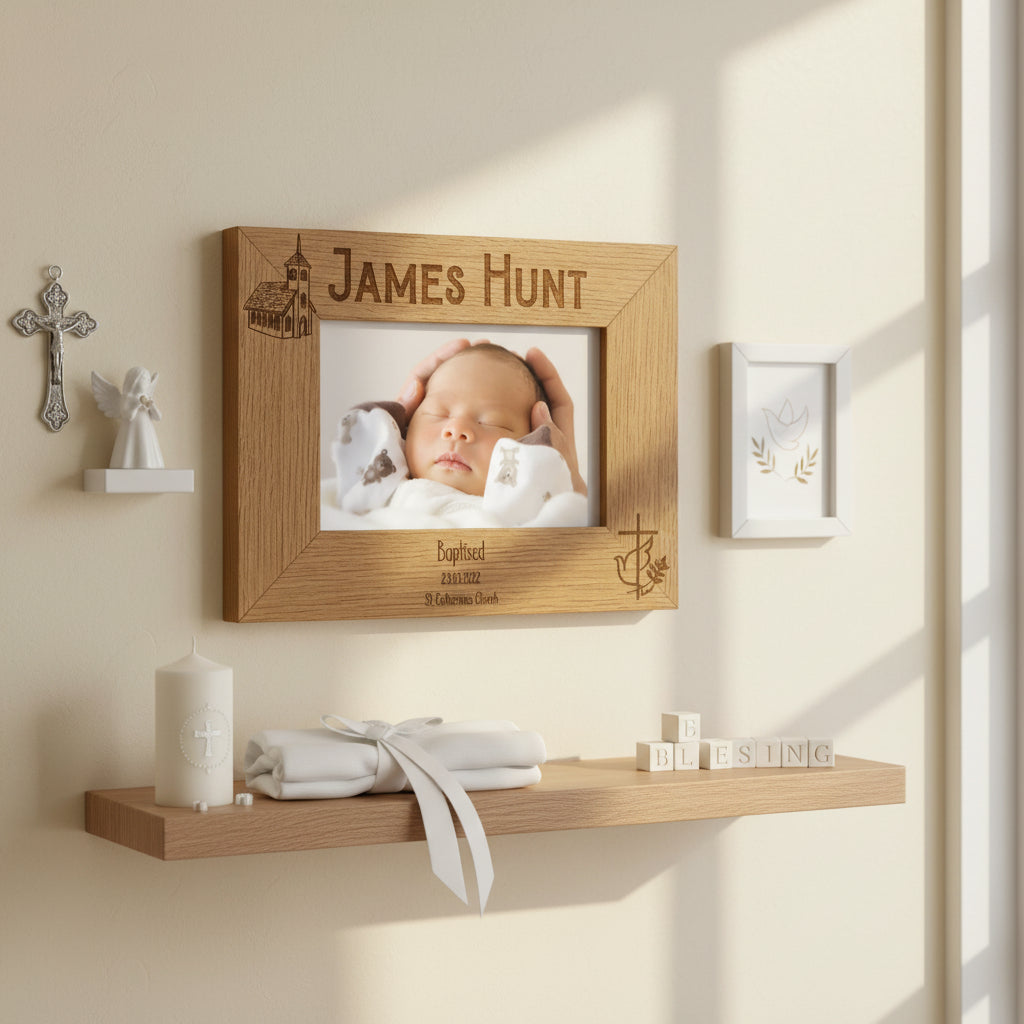 Personalised Baptism Engraved Wooden Photo Frame Gift with Church and Cross Personalised Photo Frame ukgiftstoreonline