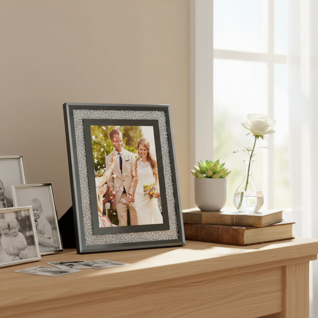 Crushed Crystals Photo Frame Silver Mirrored Crushed Jewel Crystal Diamante Picture Frame 5x7 Inch ukgiftstoreonline