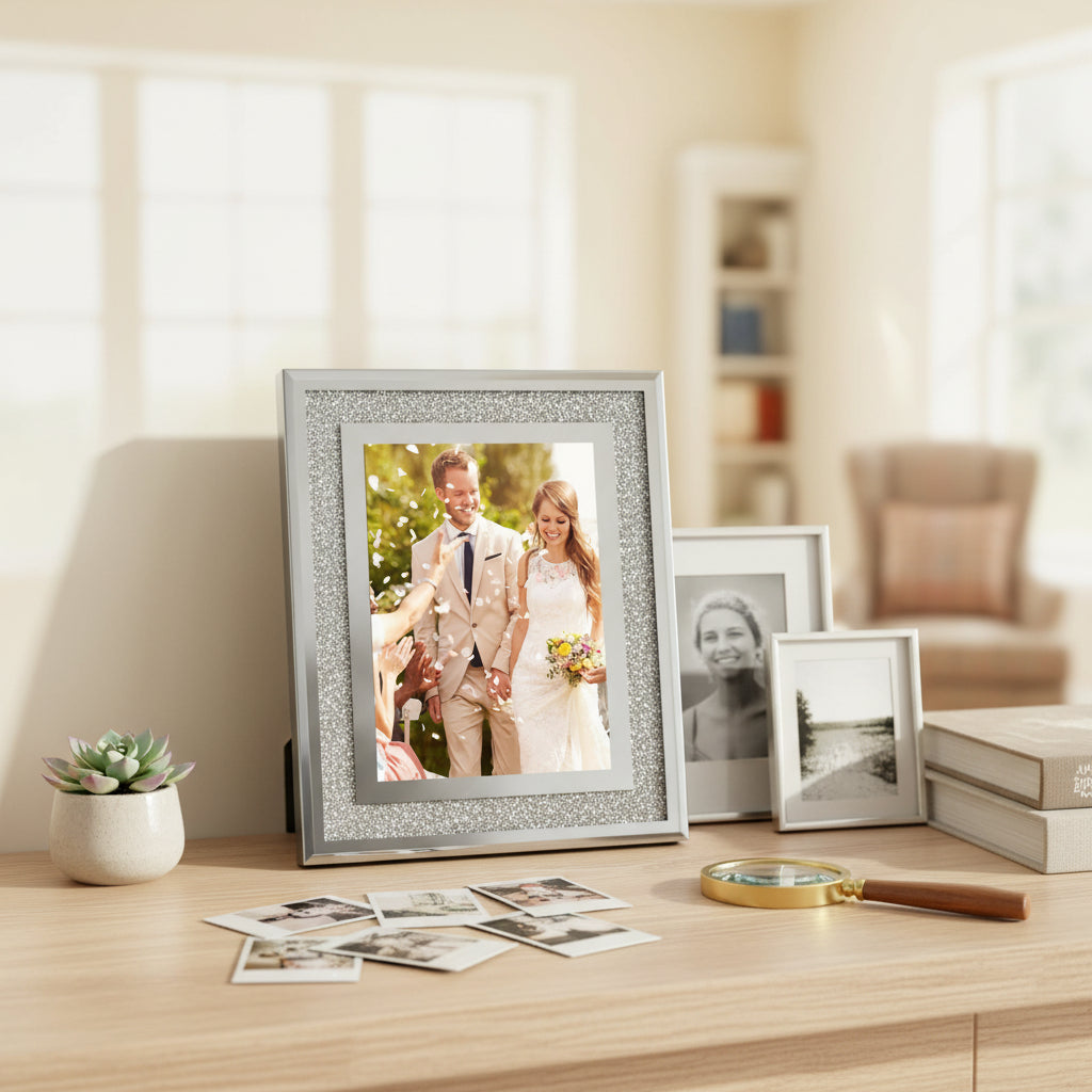 Crushed Crystals Photo Frame Silver Mirrored Crushed Jewel Crystal Diamante Picture Frame 5x7 Inch ukgiftstoreonline
