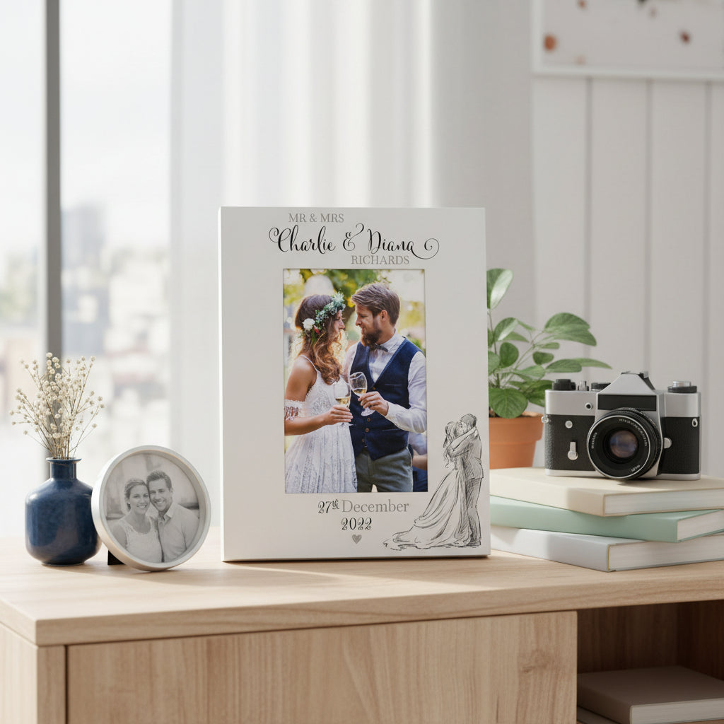 Personalised Wedding Day Wooden Photo Frame Gift With Sketch Couple Photo Frame ukgiftstoreonline