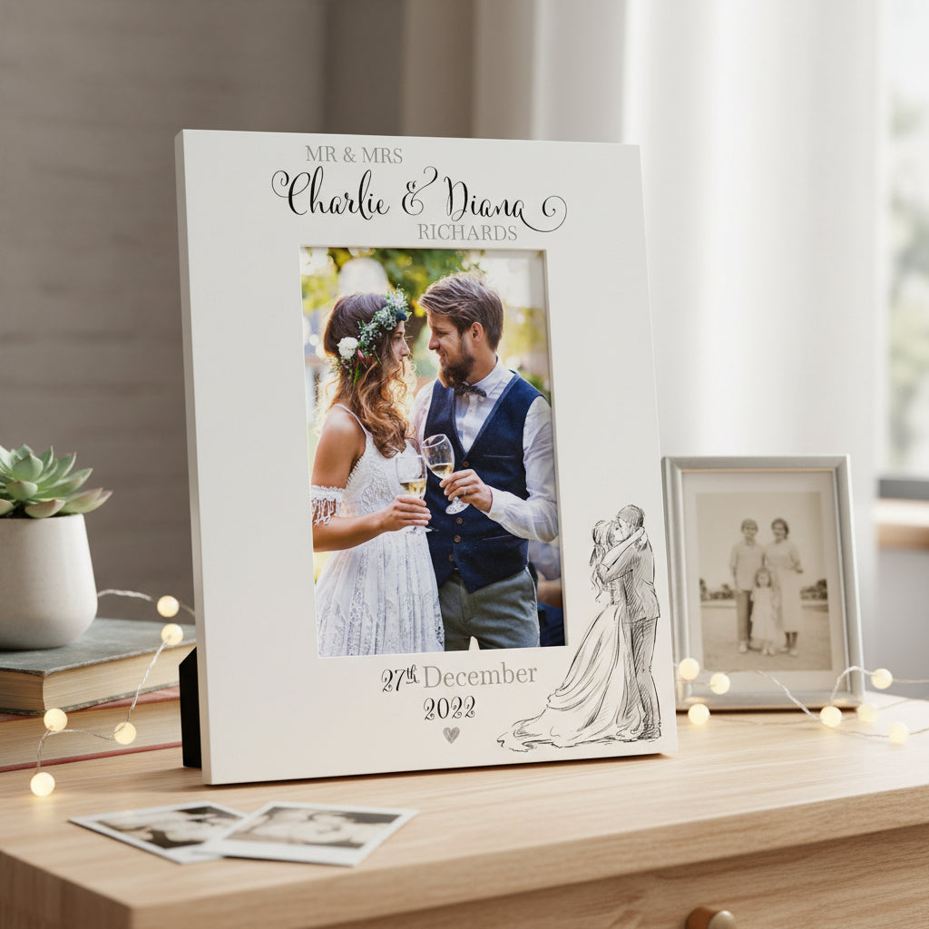 Personalised Wedding Day Wooden Photo Frame Gift With Sketch Couple Photo Frame ukgiftstoreonline