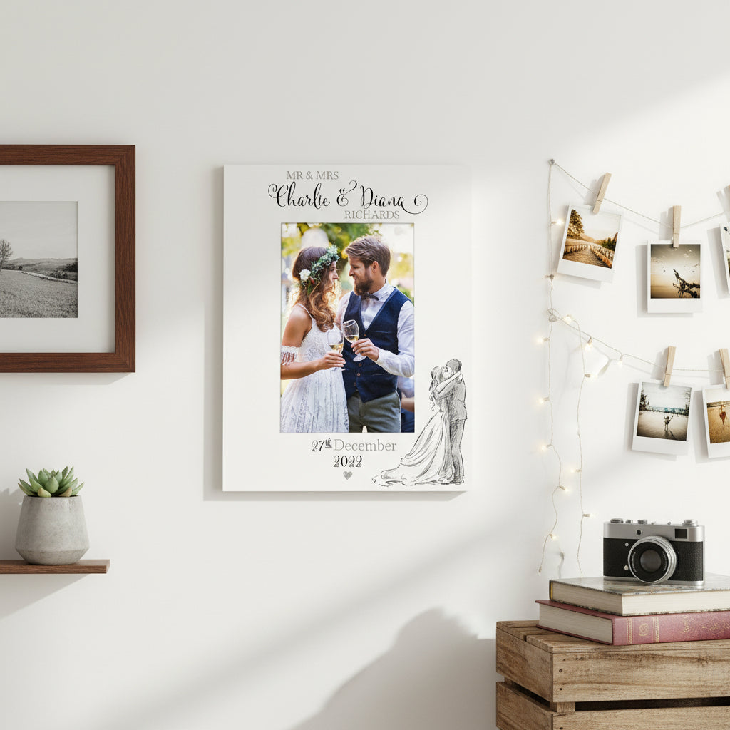 Personalised Wedding Day Wooden Photo Frame Gift With Sketch Couple Photo Frame ukgiftstoreonline