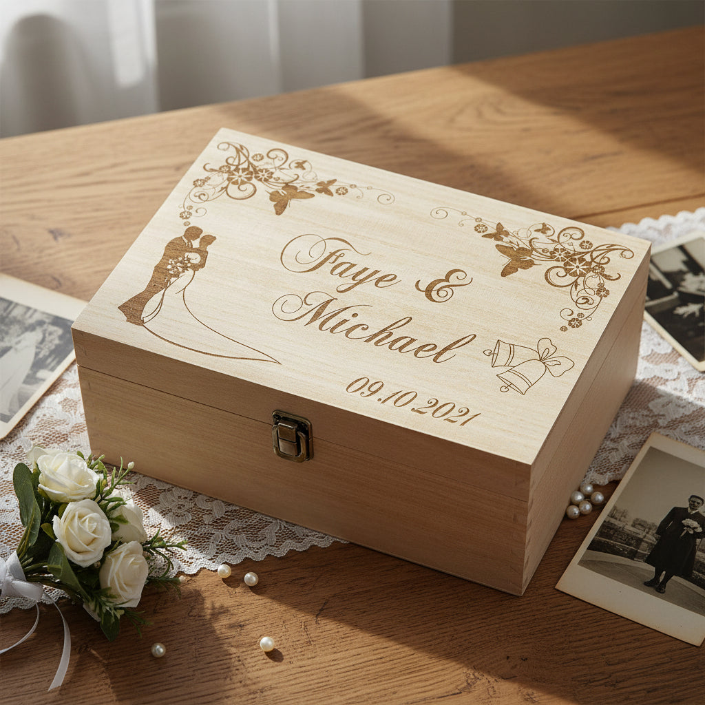 Personalised Large Wedding Floral Design Wooden Memories Keepsake Box Keepsake Memory Box Raised Words