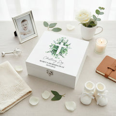 Personalised Christening Wooden Keepsake Wooden Box With Cross and Eucalyptus Keepsake Wooden Box ukgiftstoreonline