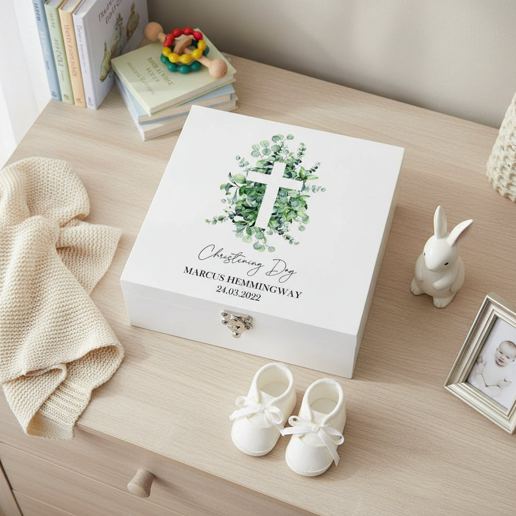 Personalised Christening Wooden Keepsake Wooden Box With Cross and Eucalyptus Keepsake Wooden Box ukgiftstoreonline