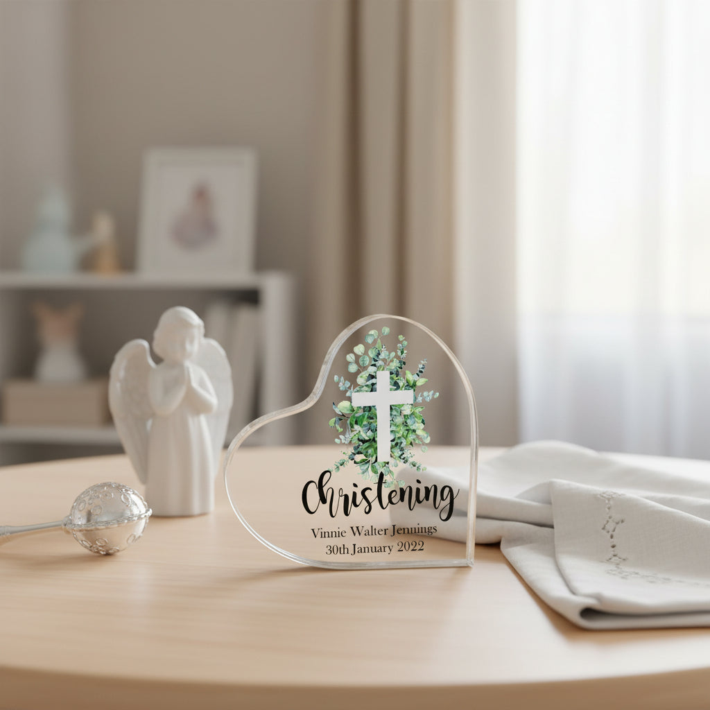 Personalised Christening Heart Block With Green Leaf Cross In Gift Box Personalised Plaque Gift ukgiftstoreonline
