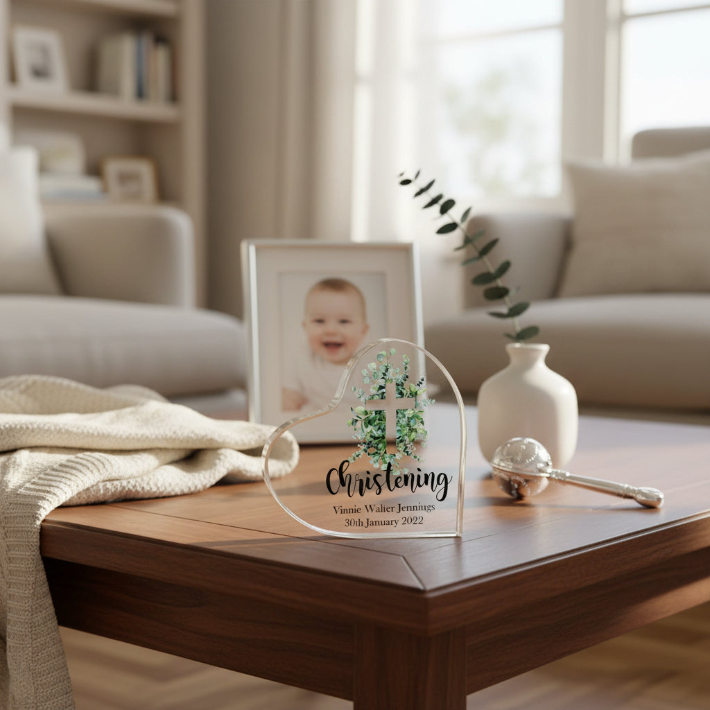 Personalised Christening Heart Block With Green Leaf Cross In Gift Box Personalised Plaque Gift ukgiftstoreonline