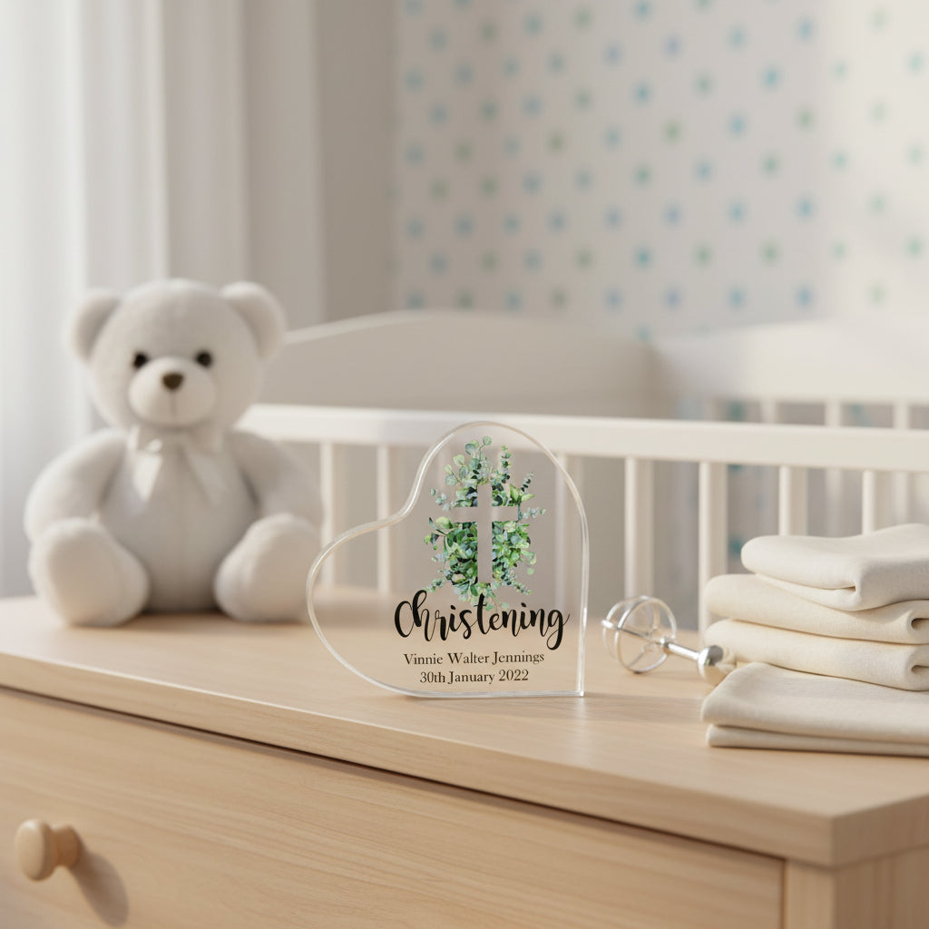Personalised Christening Heart Block With Green Leaf Cross In Gift Box Personalised Plaque Gift ukgiftstoreonline