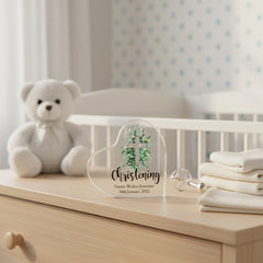 Personalised Christening Heart Block With Green Leaf Cross In Gift Box Personalised Plaque Gift ukgiftstoreonline