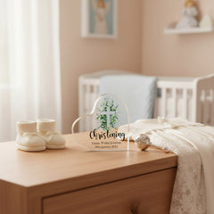 Personalised Christening Heart Block With Green Leaf Cross In Gift Box Personalised Plaque Gift ukgiftstoreonline