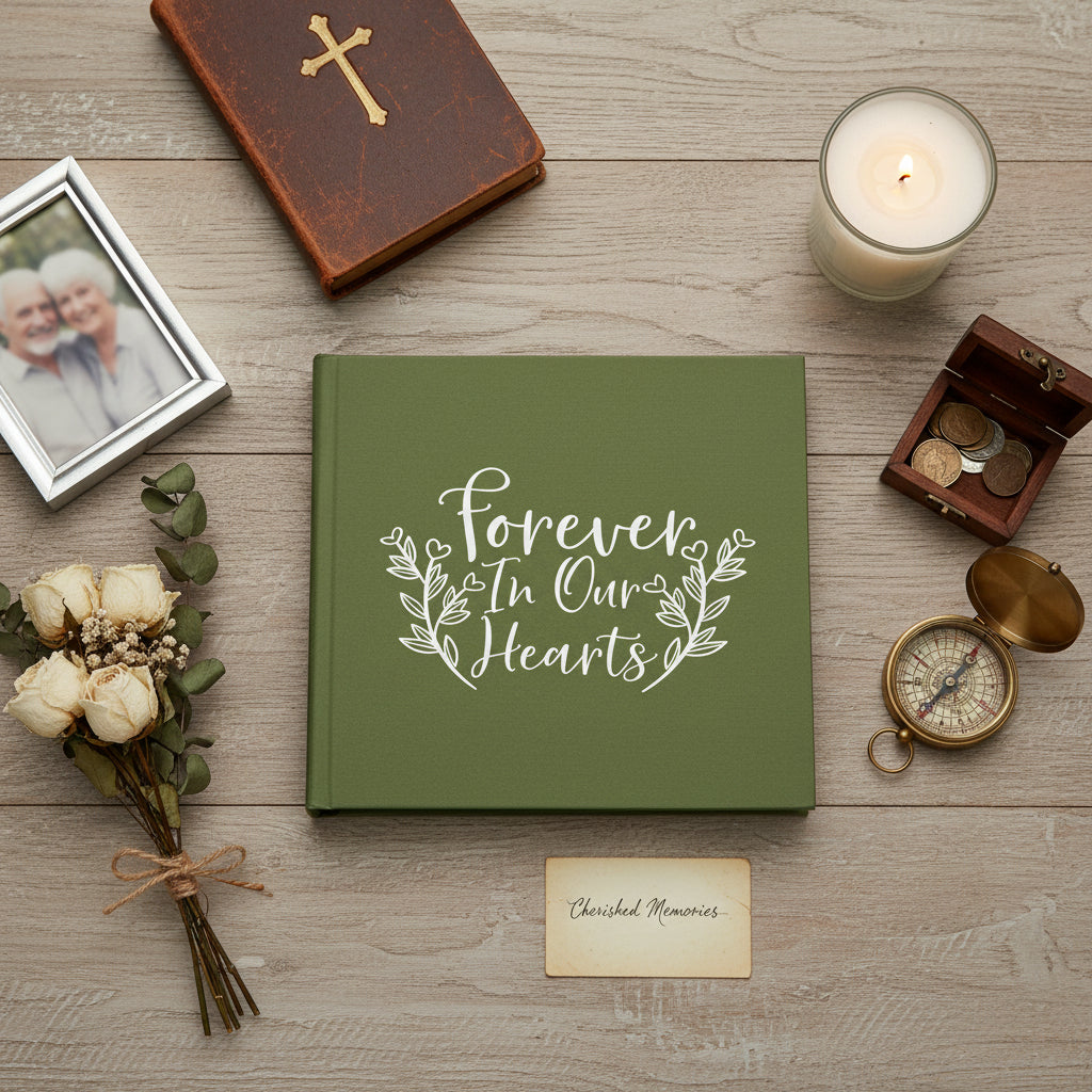 Forever In Our Hearts Olive Green Memorial Remembrance Photo Album 50 x 6 by 4 Inch Photos photo album ukgiftstoreonline